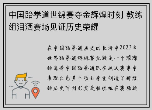 中国跆拳道世锦赛夺金辉煌时刻 教练组泪洒赛场见证历史荣耀