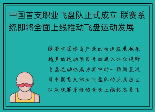 中国首支职业飞盘队正式成立 联赛系统即将全面上线推动飞盘运动发展